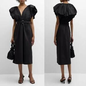 MANTU Black Deep V-Neck Ruffle Midi Dress no belt sz 46 US 10